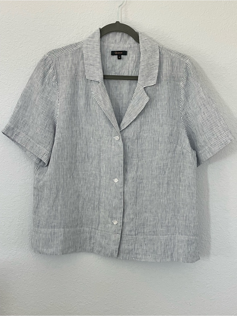 Quince 100% Linen Striped Camp Shirt Blue White Button Front M